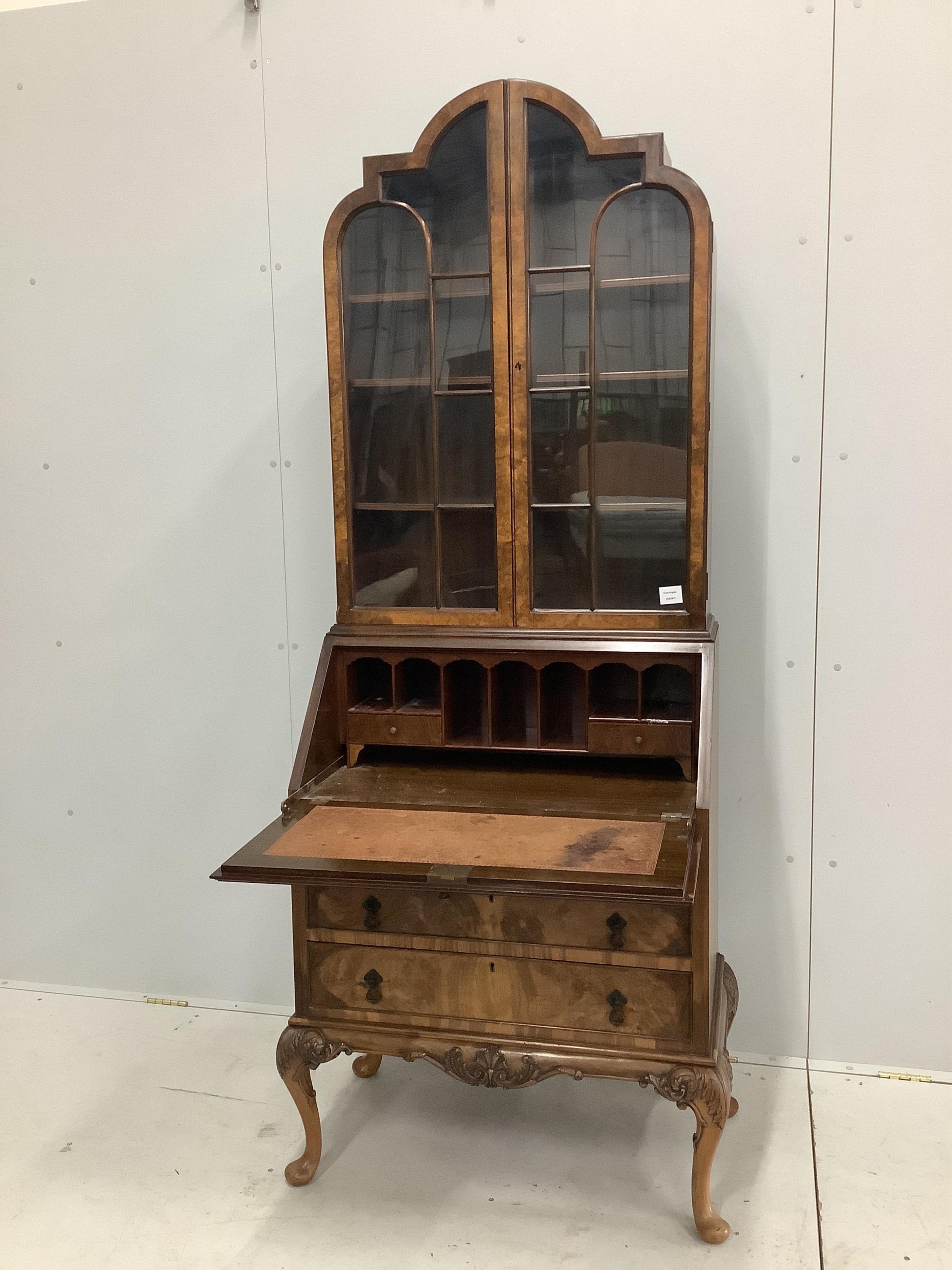 A Queen Anne Revival walnut and simulated walnut bureau bookcase, width 75cm, depth 48cm, height 200cm. Condition - fair